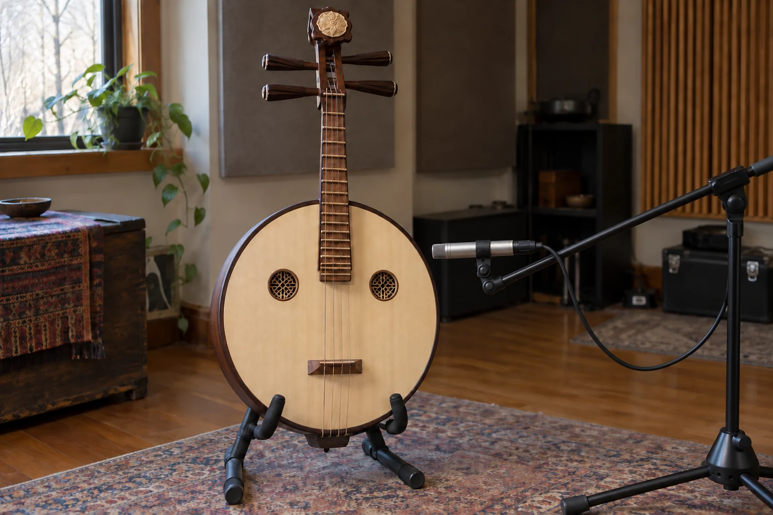 A ruan and microphone in a recording studio; illustrative image
