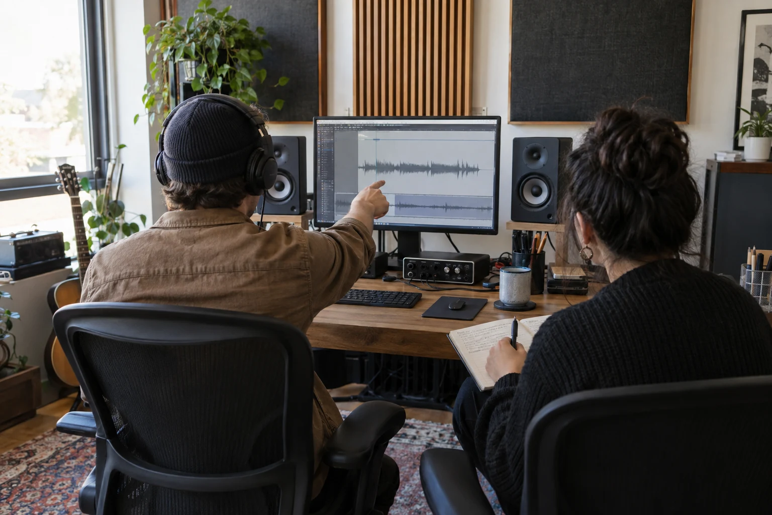 Two people reviewing a recording together in a studio; illustrative image